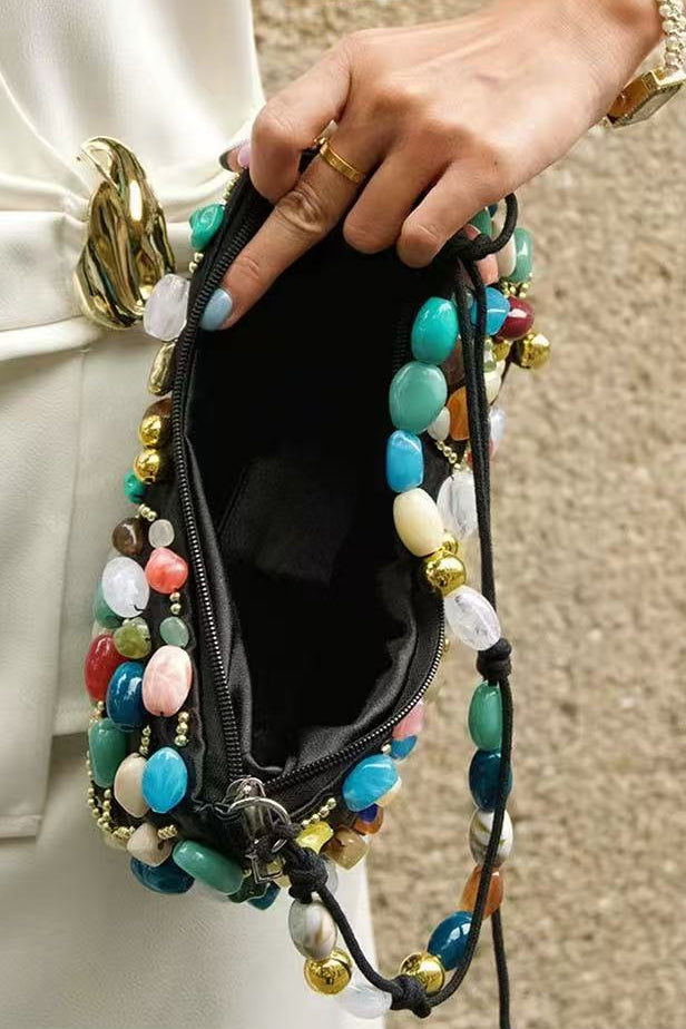 BEADED CRESCENT SHOULDER BAG – COLORFUL STONE EVENING PURSE