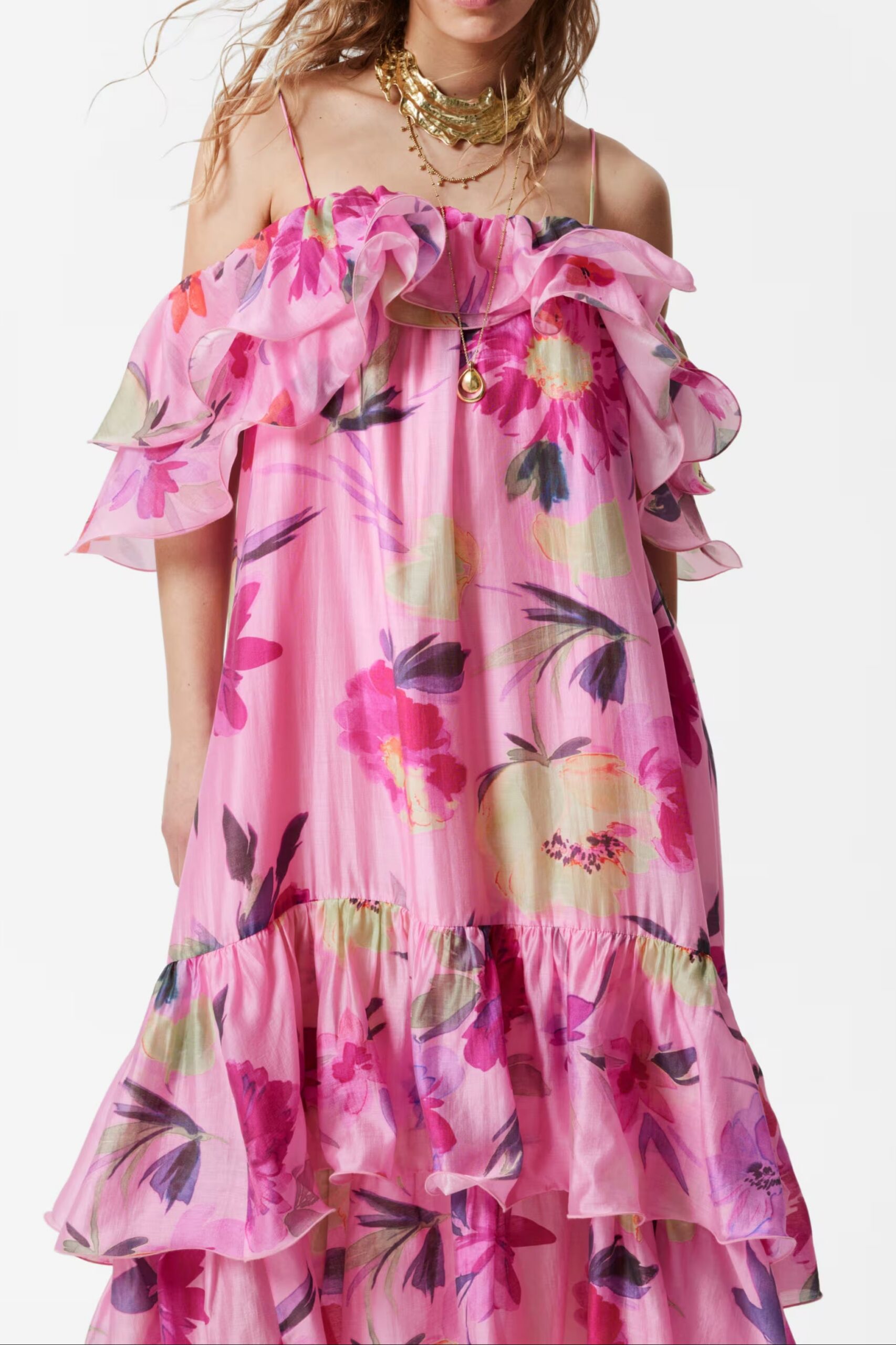 HEDWIG OFF-SHOULDER FLORAL RUFFLE MAXI DRESS ROSE RED
