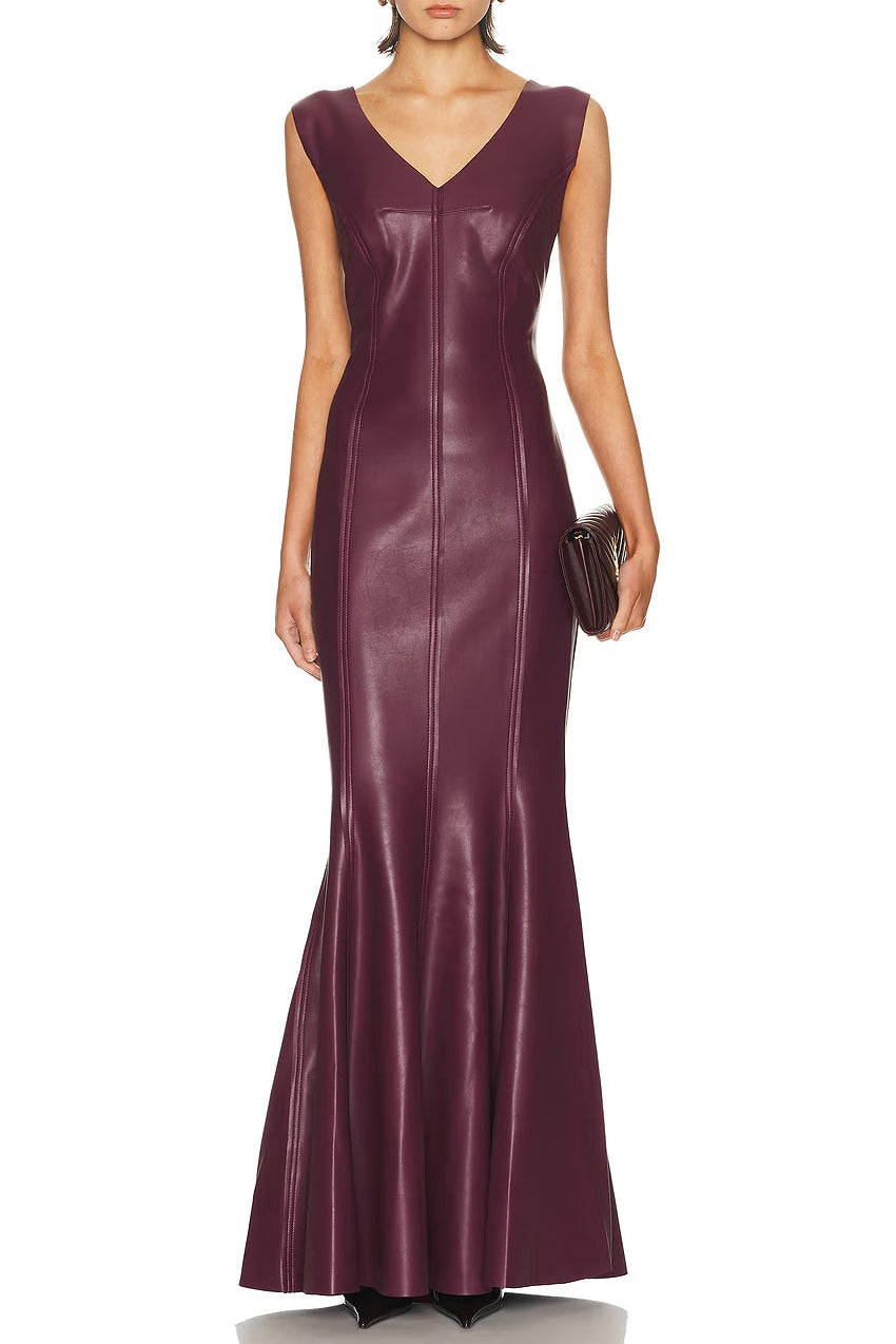e52dabfb-2964-44f8-b20f-dd5729b35bfb OPHELIA V-NECK SLEEVELESS BURGUNDY LEATHER MAXI DRESS
