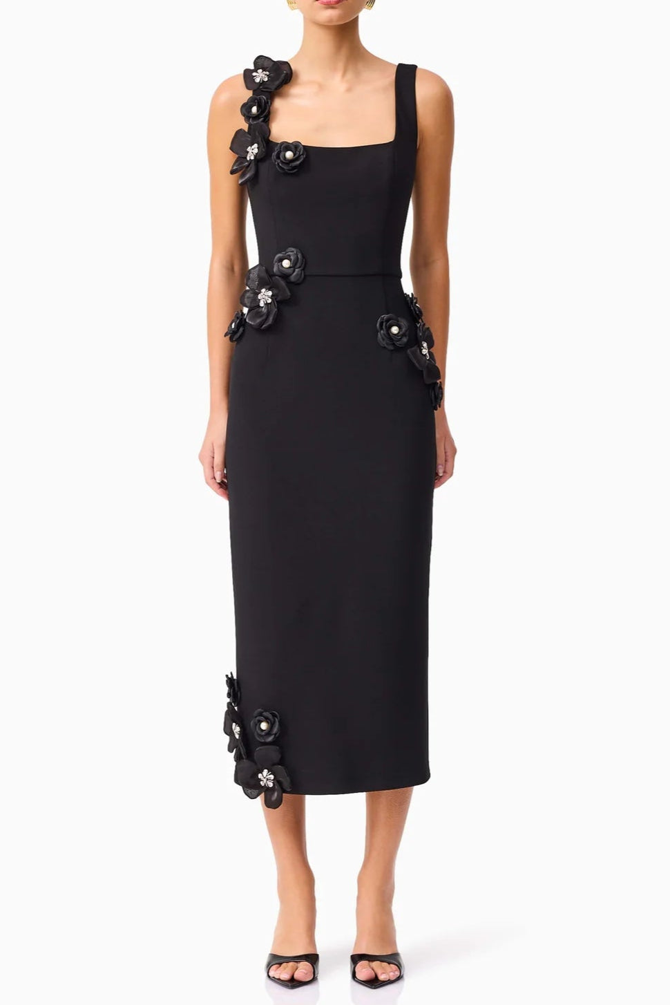 e5616430-a2e0-407d-b33d-c772842d6afc SABRINA 3D FLOWER BLACK MIDI DRESS FOR WEDDING