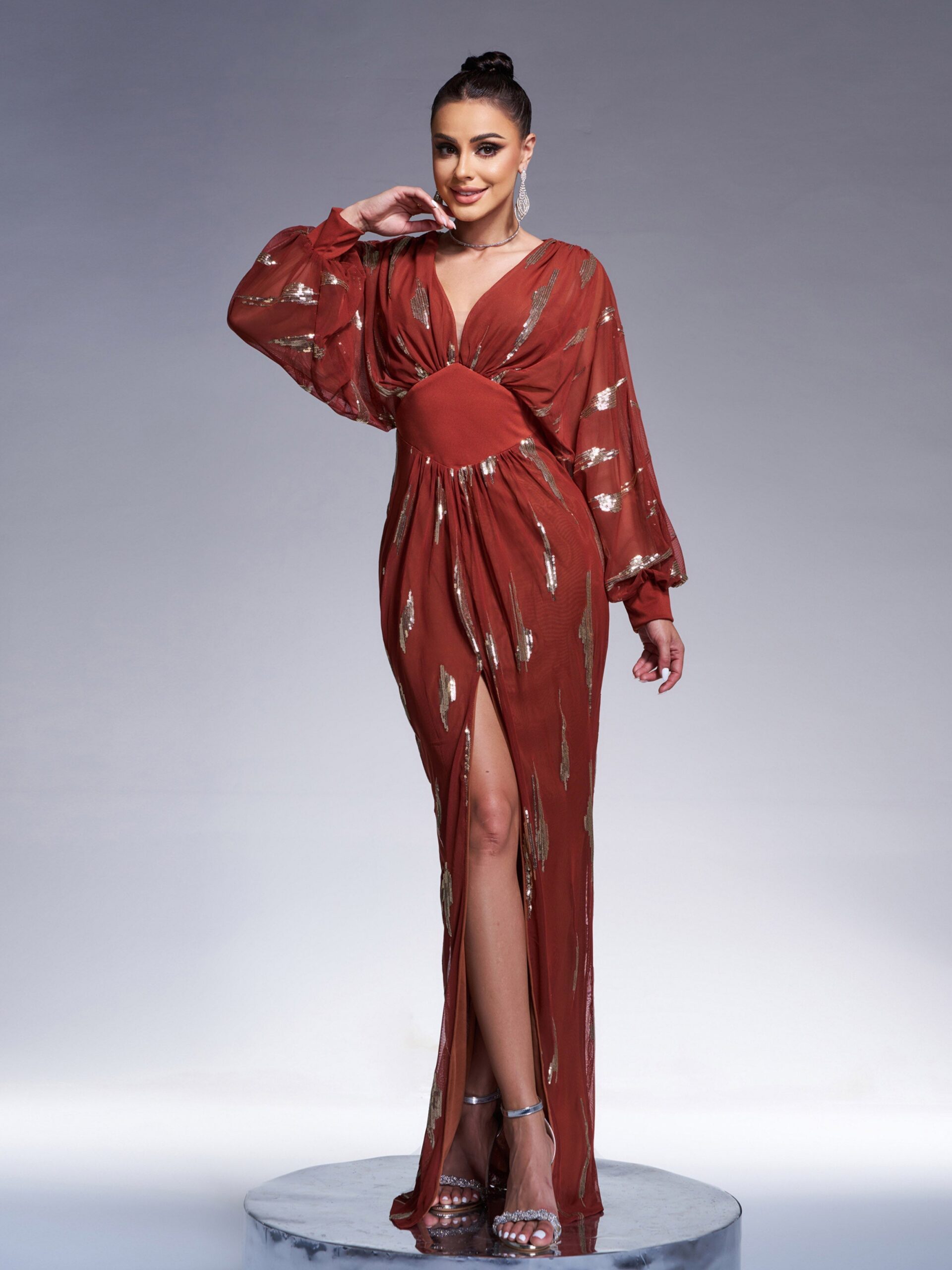 LANTERN SLEEVE SEQUIN PROM GOWN