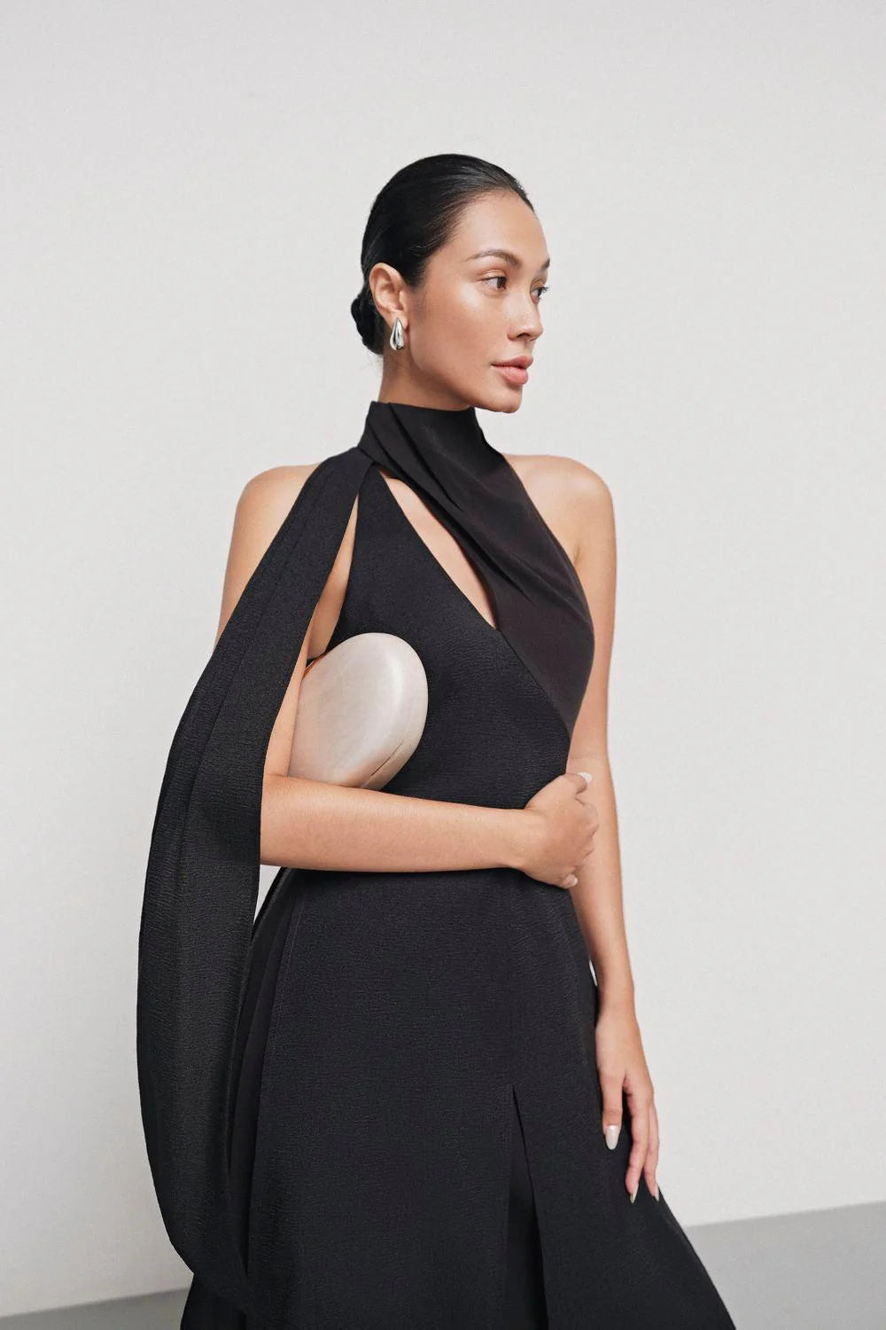 YEN LAYERED HIGH NECK SILK MAXI DRESS, BLACK