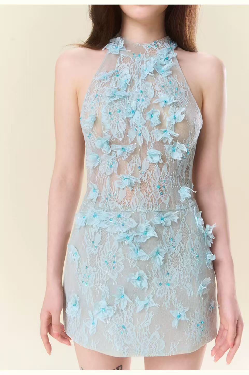 FLORAL LACE BLUE MINI DRESS FOR COCKTAIL PARTY