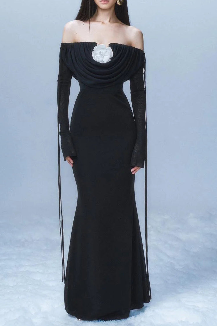 LILA BLACK PLEATED STRAPLESS MAXI DRESS WITH FLOWER EMBELLISHMENT