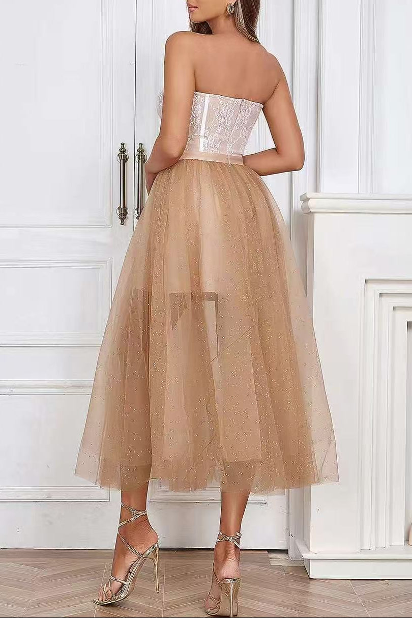 PEACH SPARKLE TULLE CORSET STRAPLESS MIDI DRESS