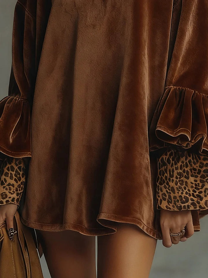VELVET LEOPARD CUFF FLOUNCE SLEEVE MINI DRESS