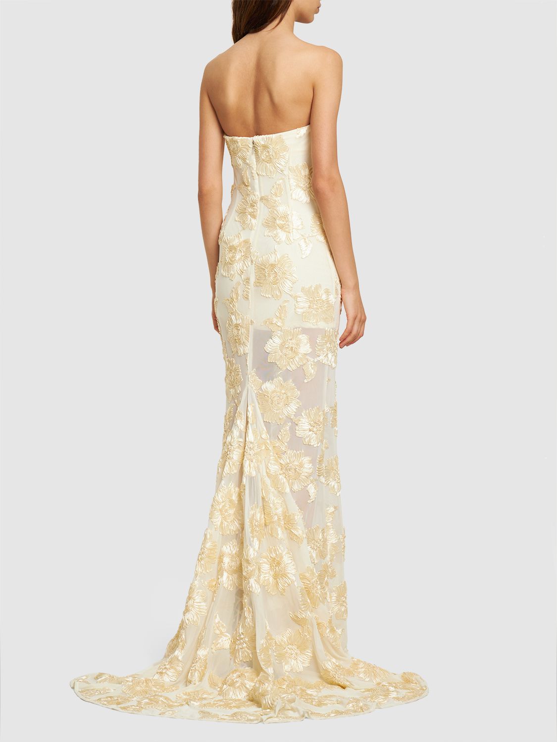 EMBROIDERED STRAPLESS APRICOT GOWN, FORMAL
