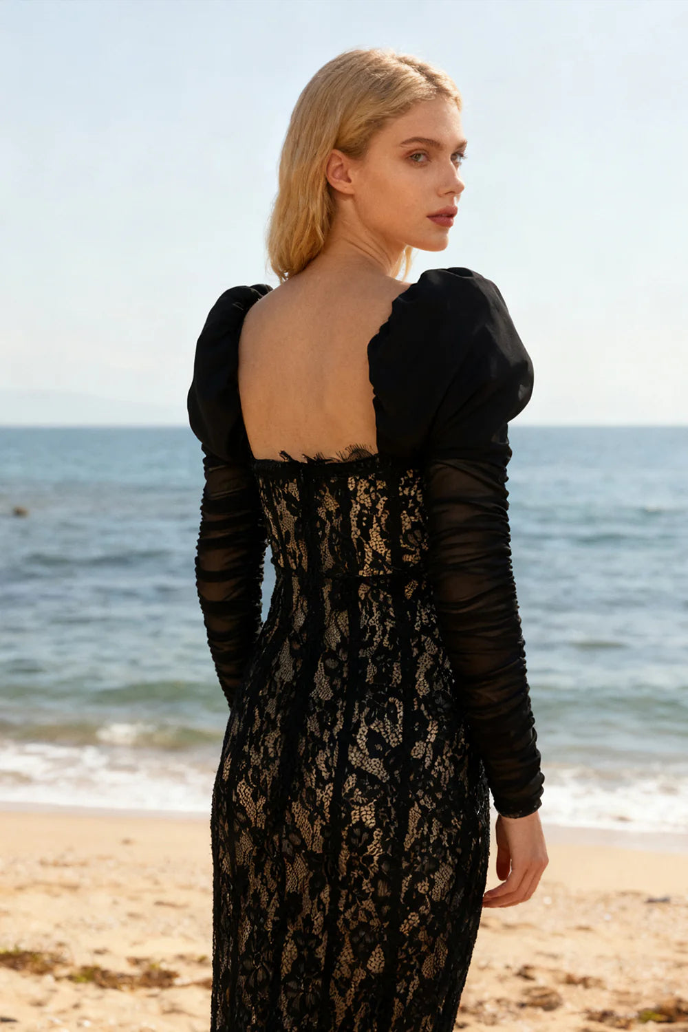 WENDY SQUARE NECK LACE MAXI DRESS BLACK