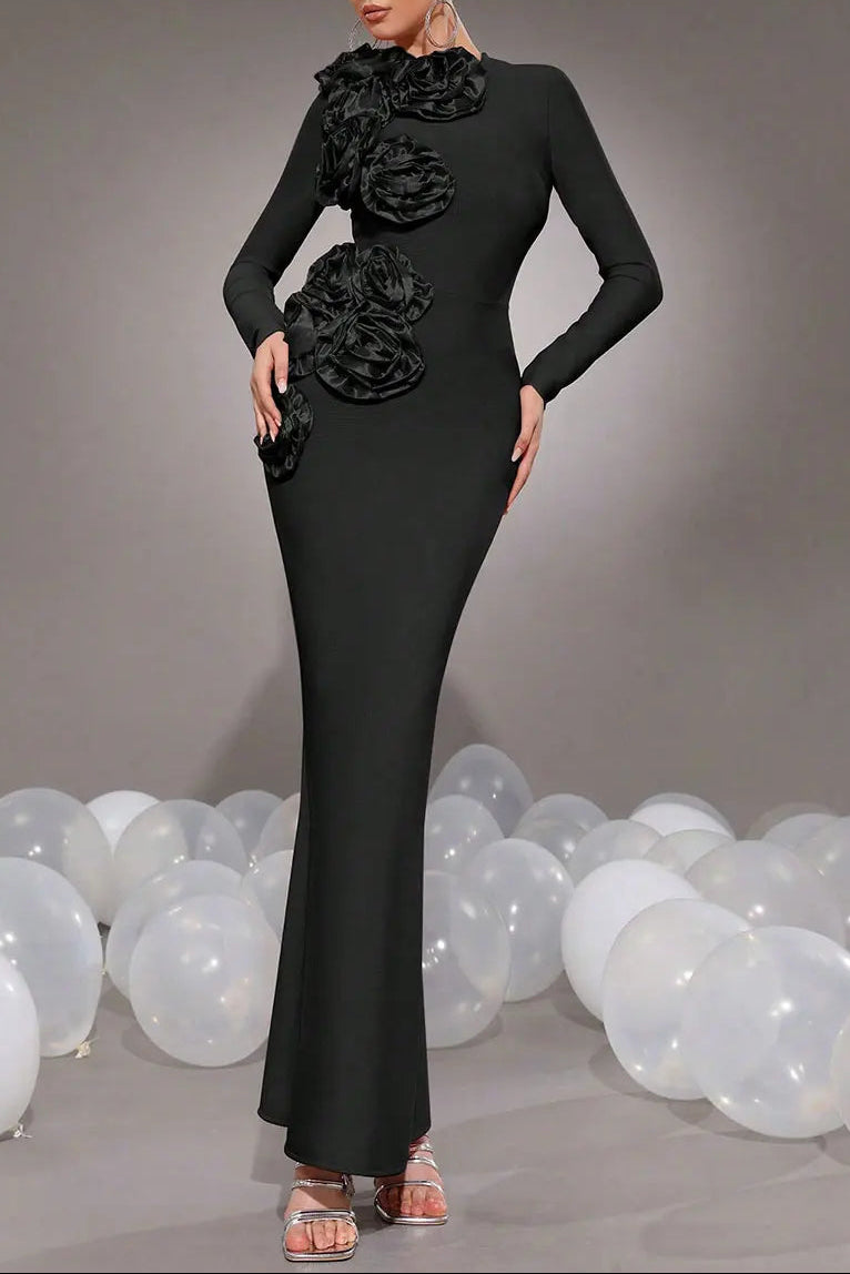 e64a4edf-8ea6-4b15-80c5-d1ecb3e5a542 SALLY 3D FLOWER BANDAGE MAXI DRESS BLACK