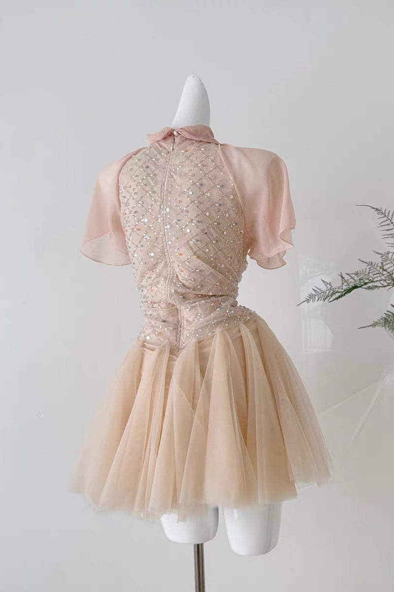 SHEER MESH RHINESTONE TULLE MINI PARTY DRESS