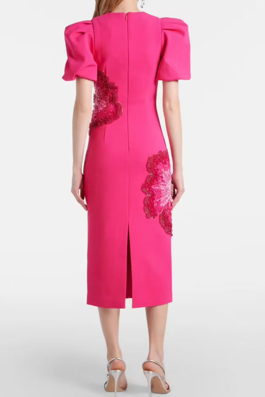 SEQUIN FLOWER PUFF SLEEVE MIDI DRESS IN PINK