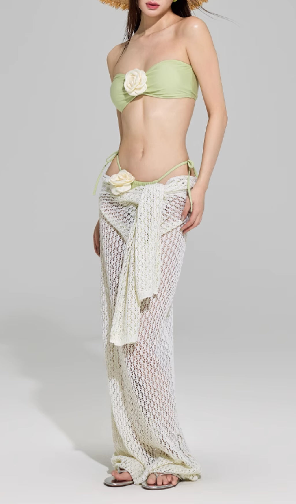 DILLAN GREEN FLORAL RUFFLE THREE-PIECE SWIMSUIT