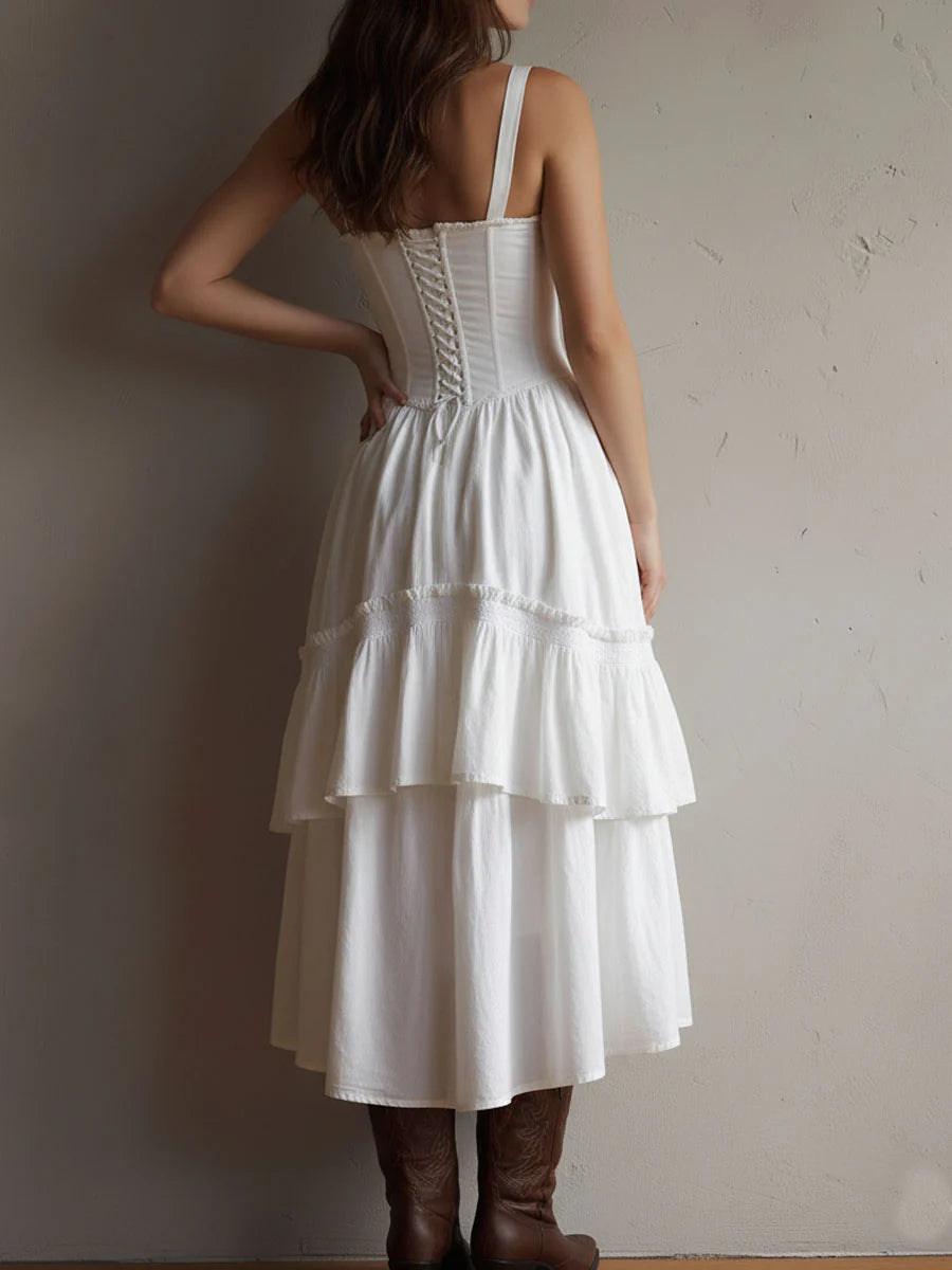 CORSET LACE TIERED MIDI DRESS, ROMANTIC PARTY
