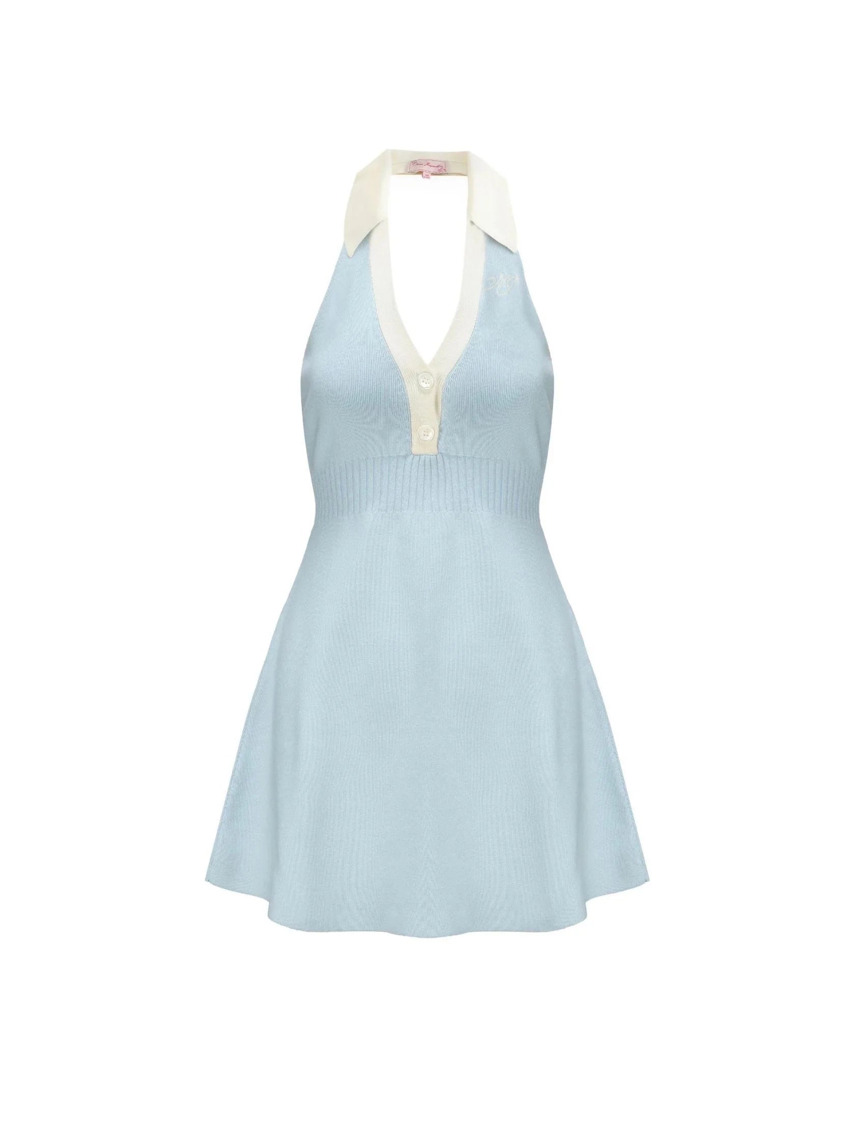 HALTER BACKLESS KNIT MINI DRESS IN BLUE