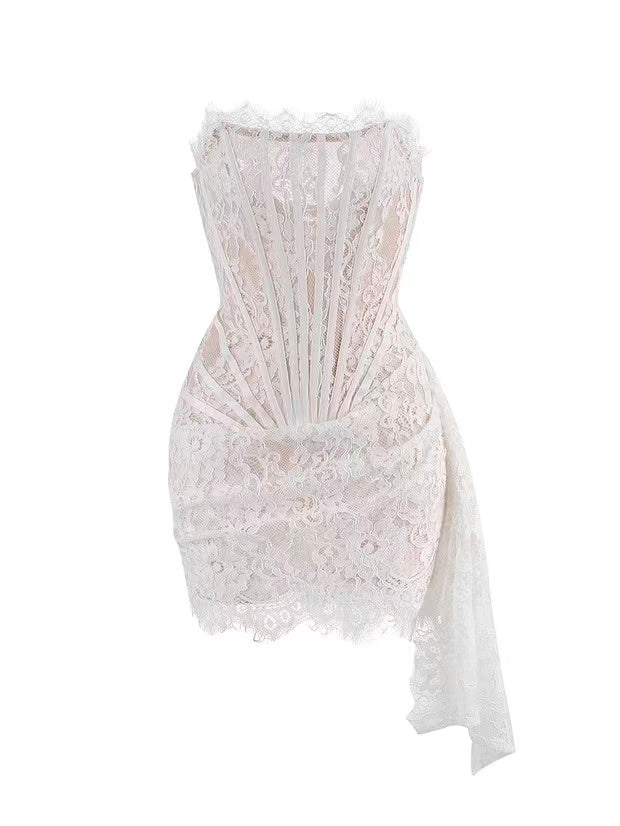 SLEEVELESS LACE MINI DRESS, WHITE WEDDING PARTY