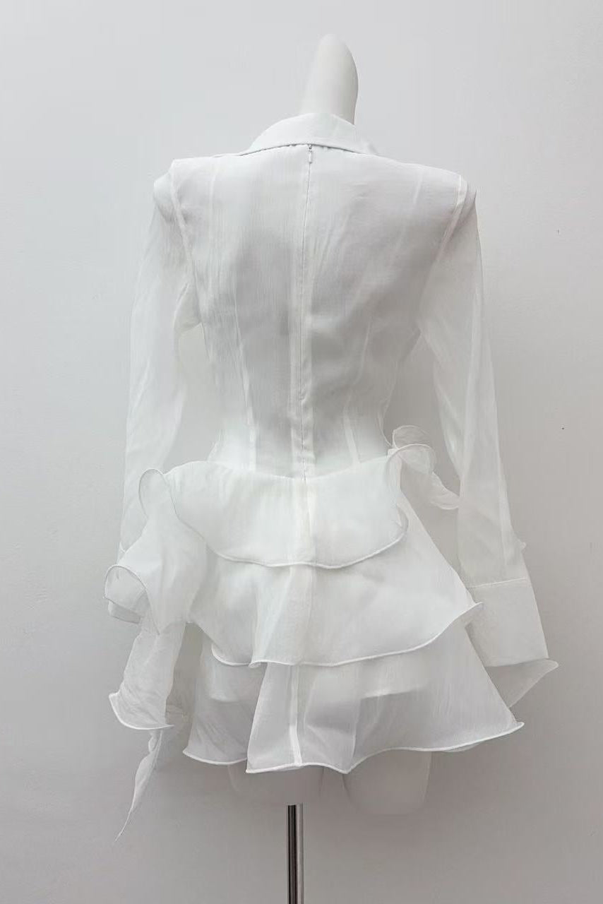 FLOWER RUFFLE RIBBON WHITE MINI DRESS