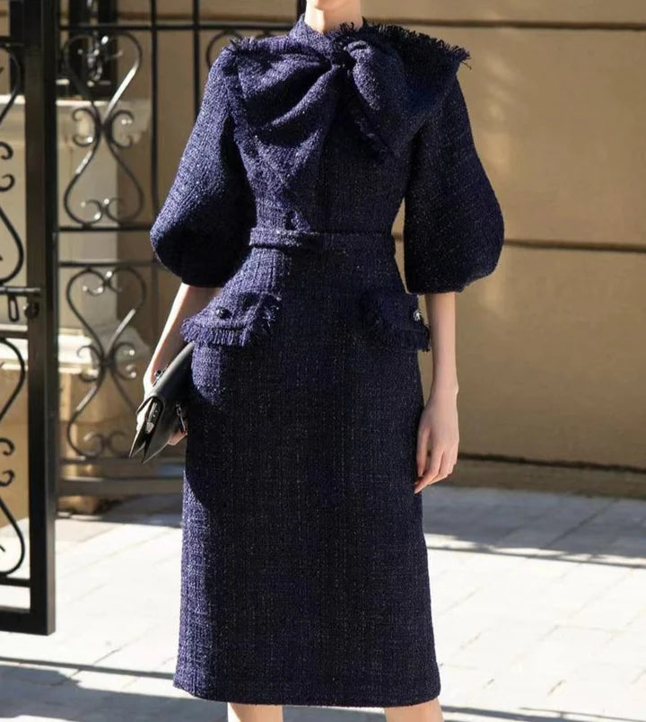 MILDRED TWEED BOW COLLAR MIDI DRESS, DARK BLUE