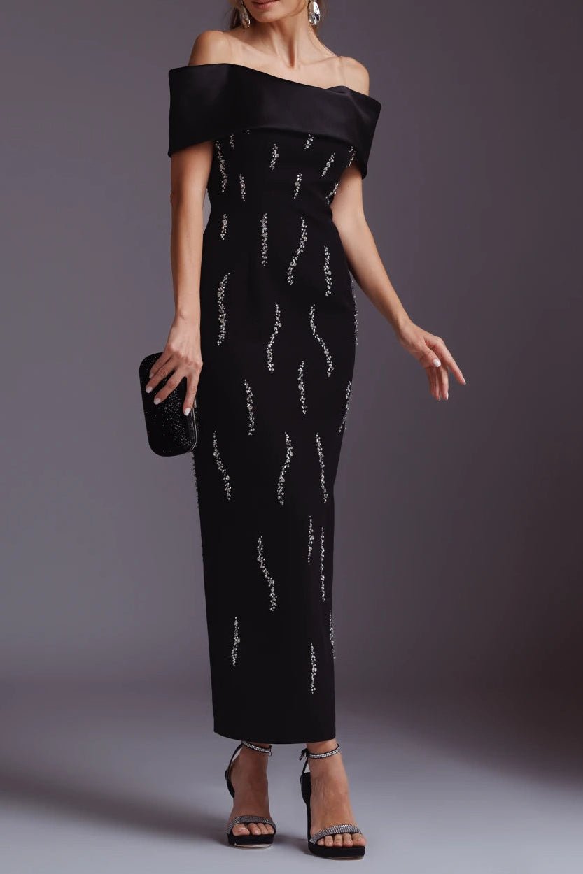 LAUREL OFF-SHOULDER RHINESTONE MAXI DRESS BLACK