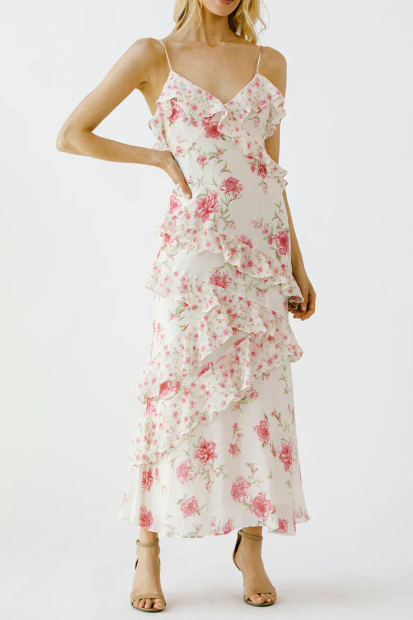 PINK FLORAL RUFFLE TIERED MAXI DRESS FOR SUMMER