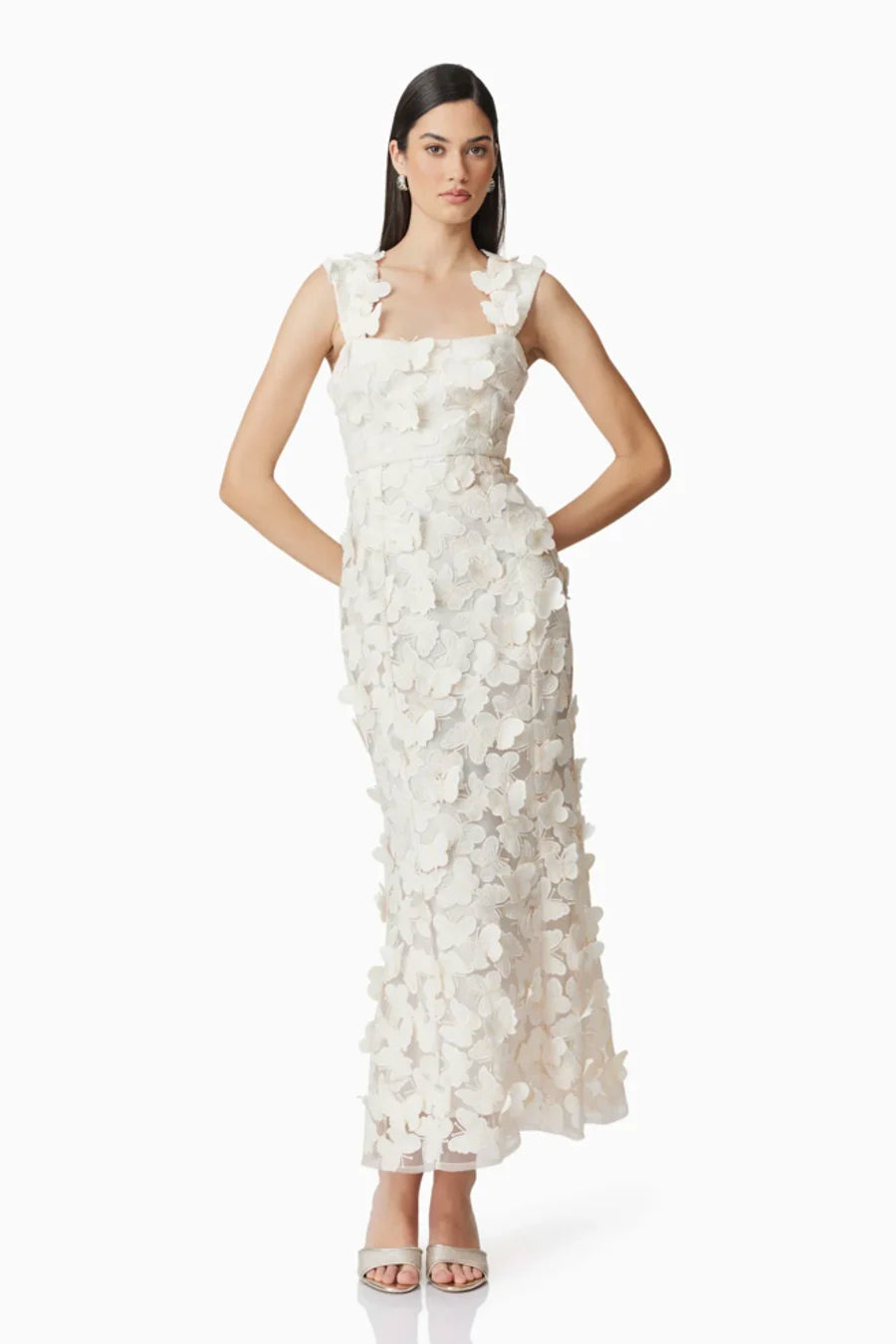 SQUARE NECK 3D FLOWER EMBROIDERY WEDDING GOWN