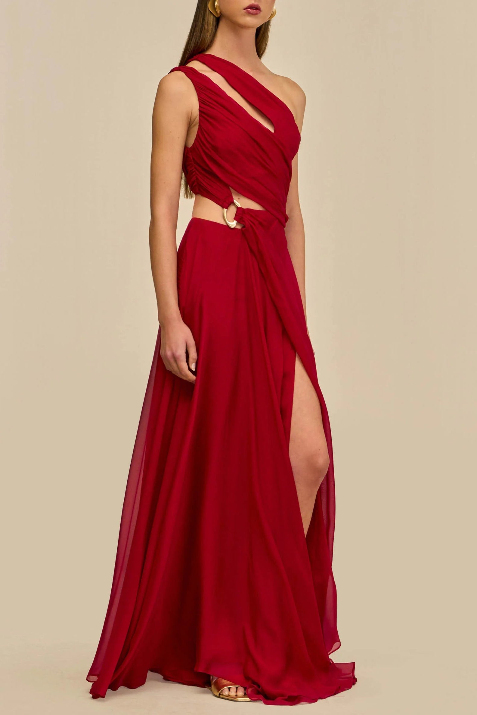 AGATHA ONE-SHOULDER RED SILK GOWN, HIGH SLIT