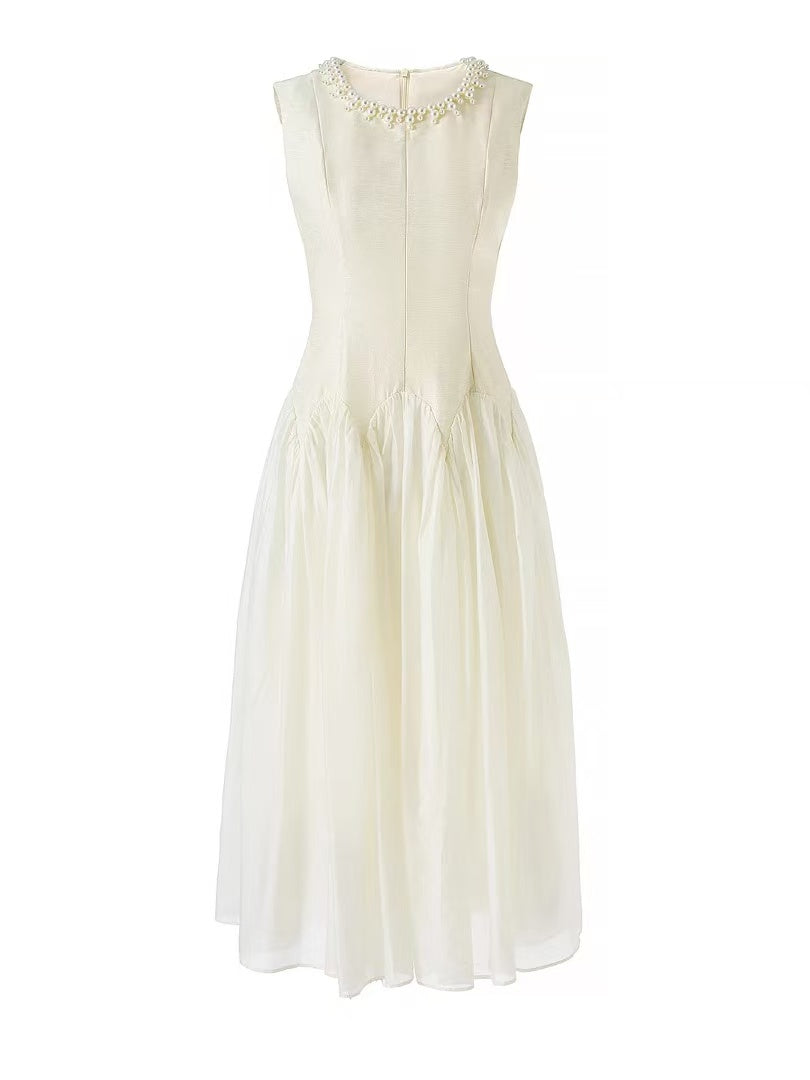 SLEEVELESS IVOIRE MIDI DRESS, TULLE SKIRT, PEARL COLLAR
