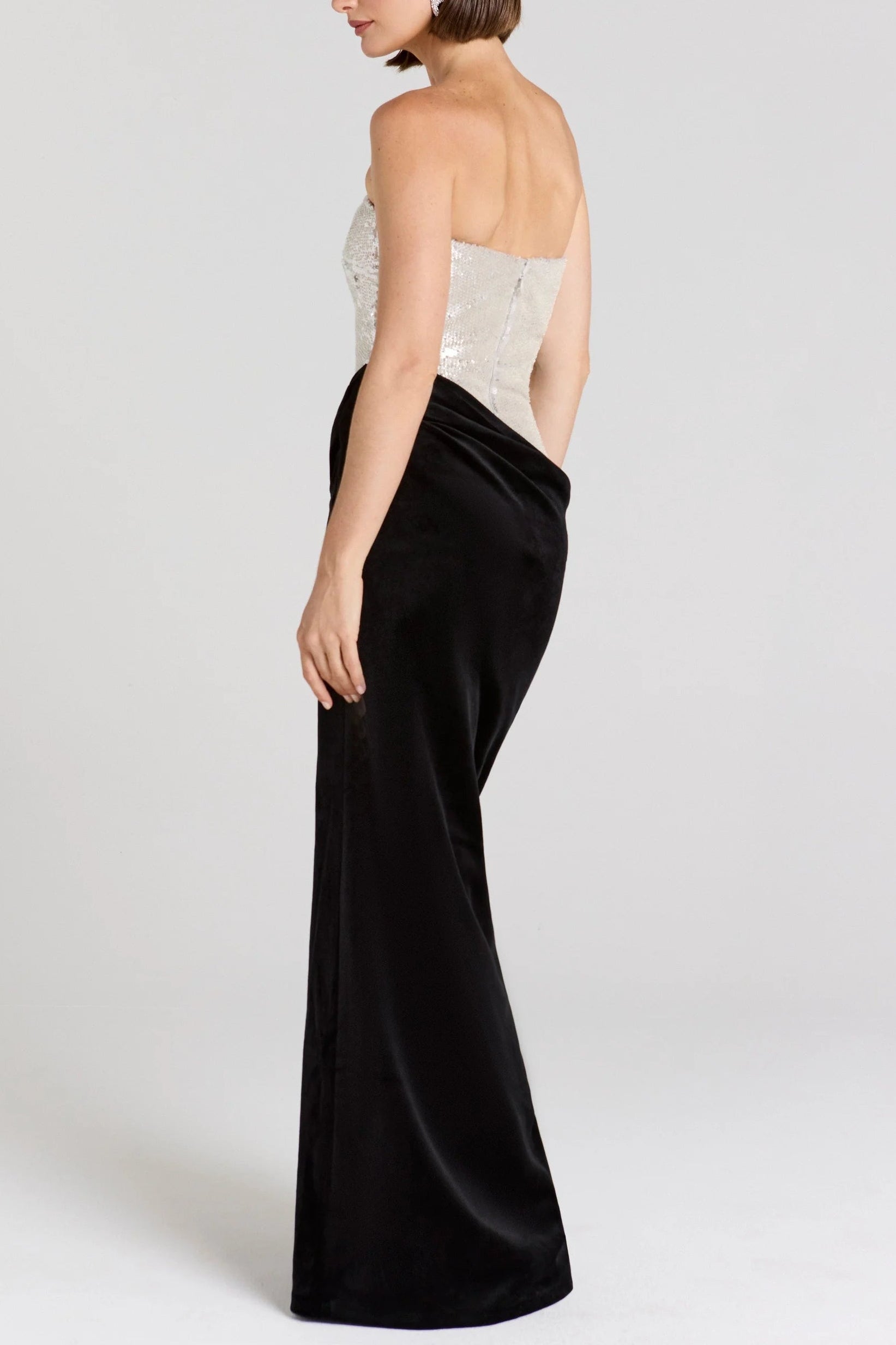 SILVER OFF SHOULDER SEQUIN VELVET MAXI DRESS