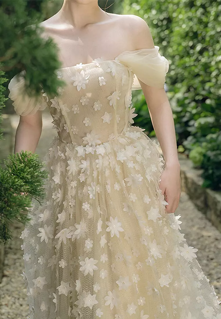 SABRINA BEIGE STRAPLESS FLOWER MAXI DRESS
