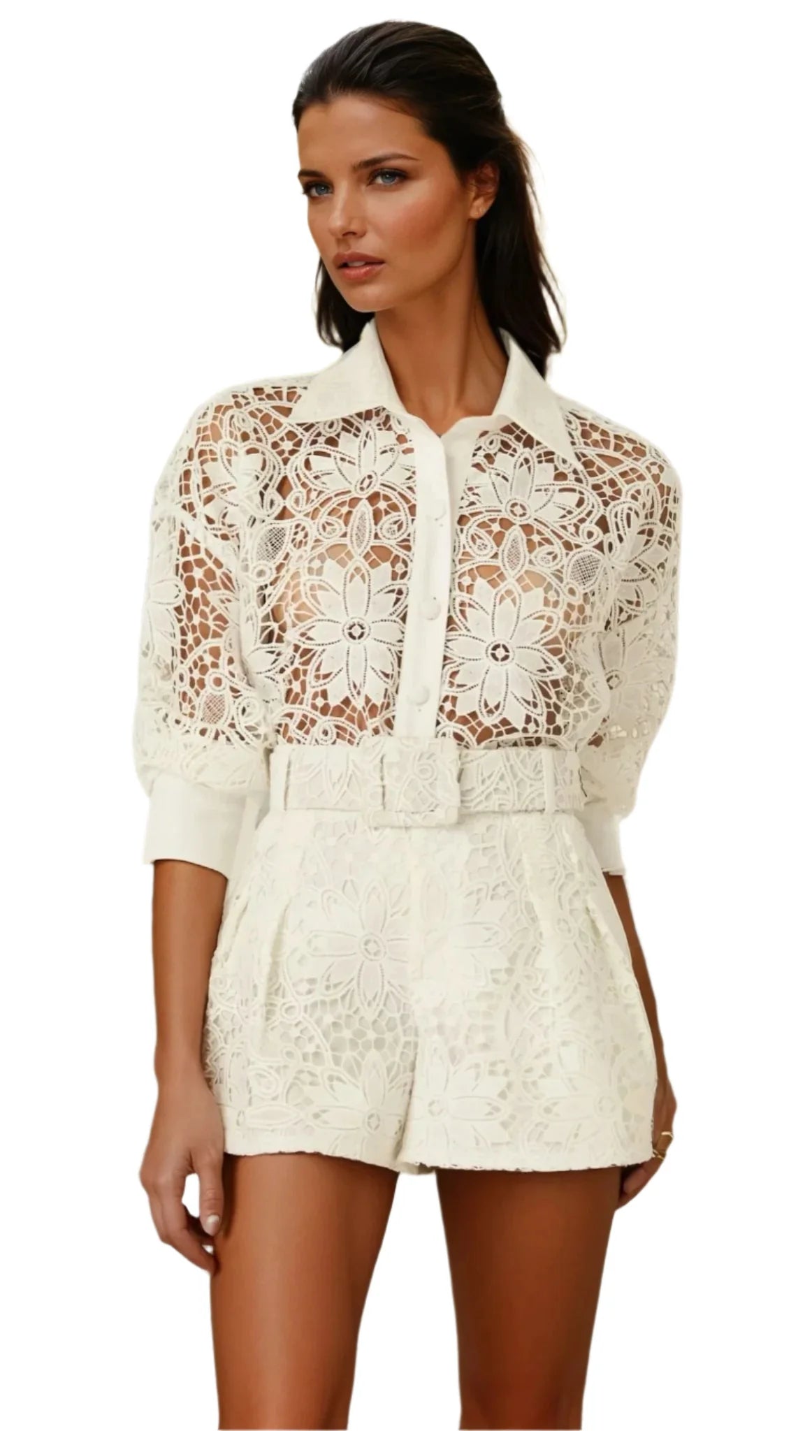WHITE LACE HOLLOW CUT SHORTS TWO PIECE SET