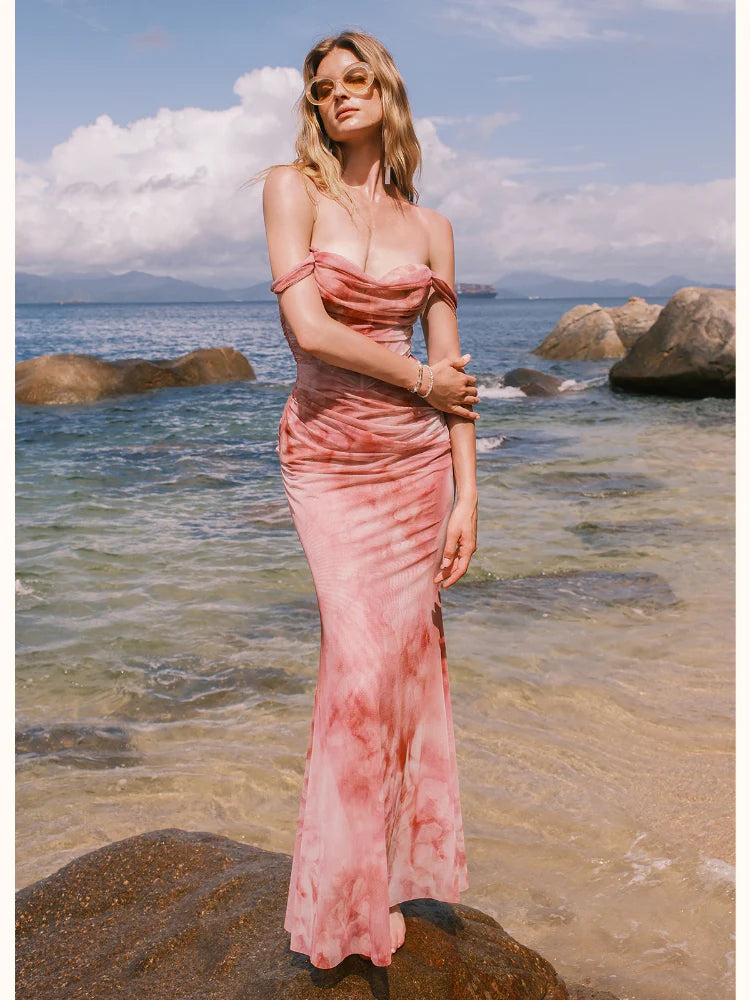 SYLVIA PINK OFF-SHOULDER PLEATED GRADIENT MAXI DRESS