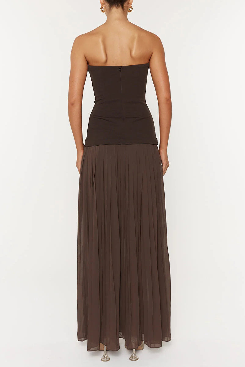 NELLY STRAPLESS BROWN PLEATED MAXI DRESS