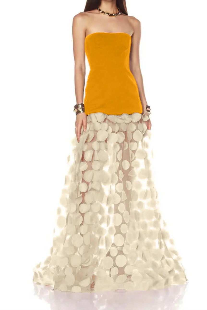 eb617fcd-2911-4023-9bfe-d45278dd3478 NODIN ORANGE STRAPLESS DOT MESH MAXI DRESS
