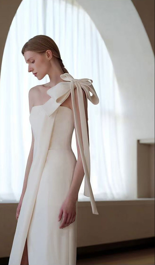 ESTELLE WHITE OFF-SHOULDER SATIN MIDI BOW DRESS