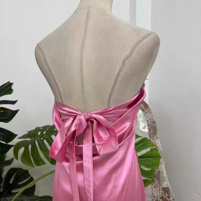 PINK SATIN HALTER MIDI DRESS WITH BACK BOW