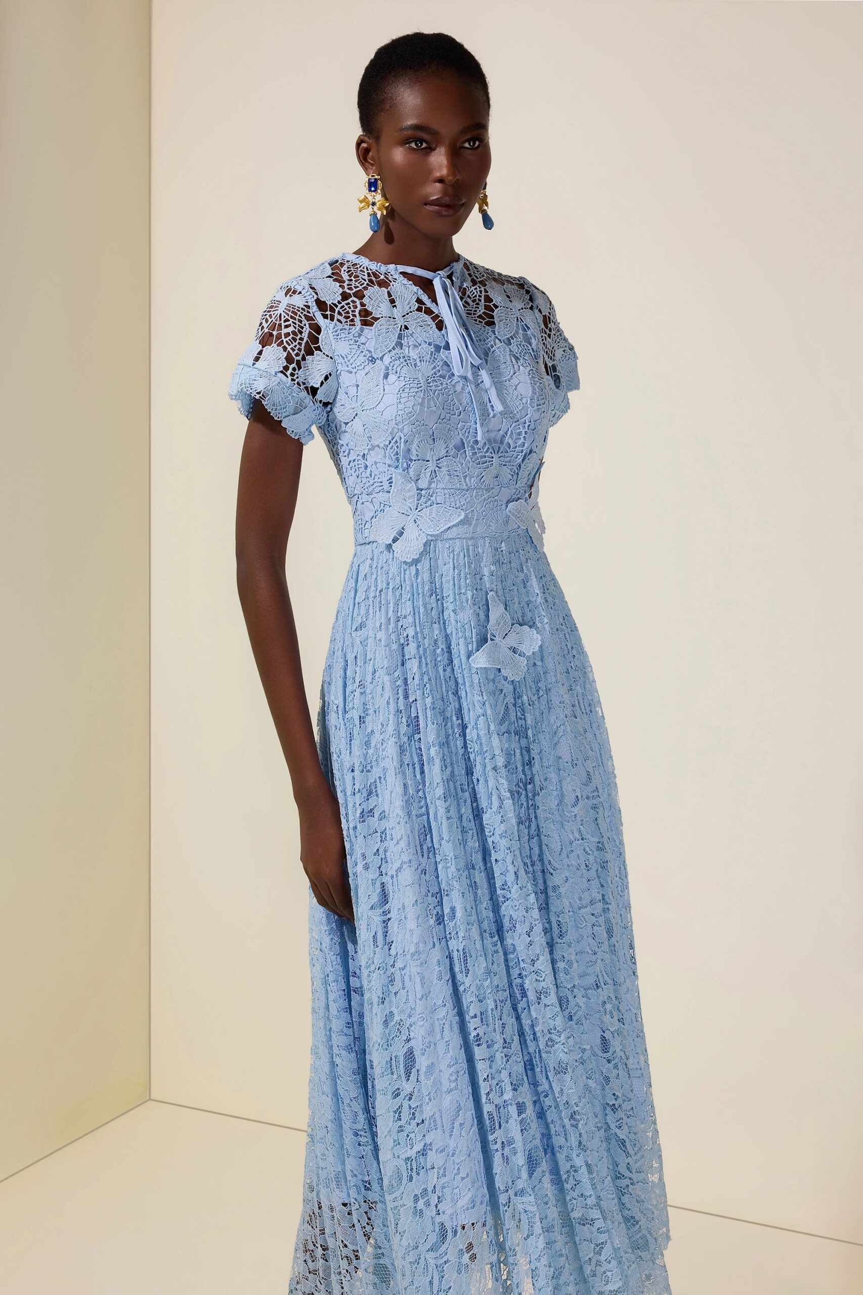 SELENA LACE MIDI DRESS - BLUE BUTTERFLY PLEATS