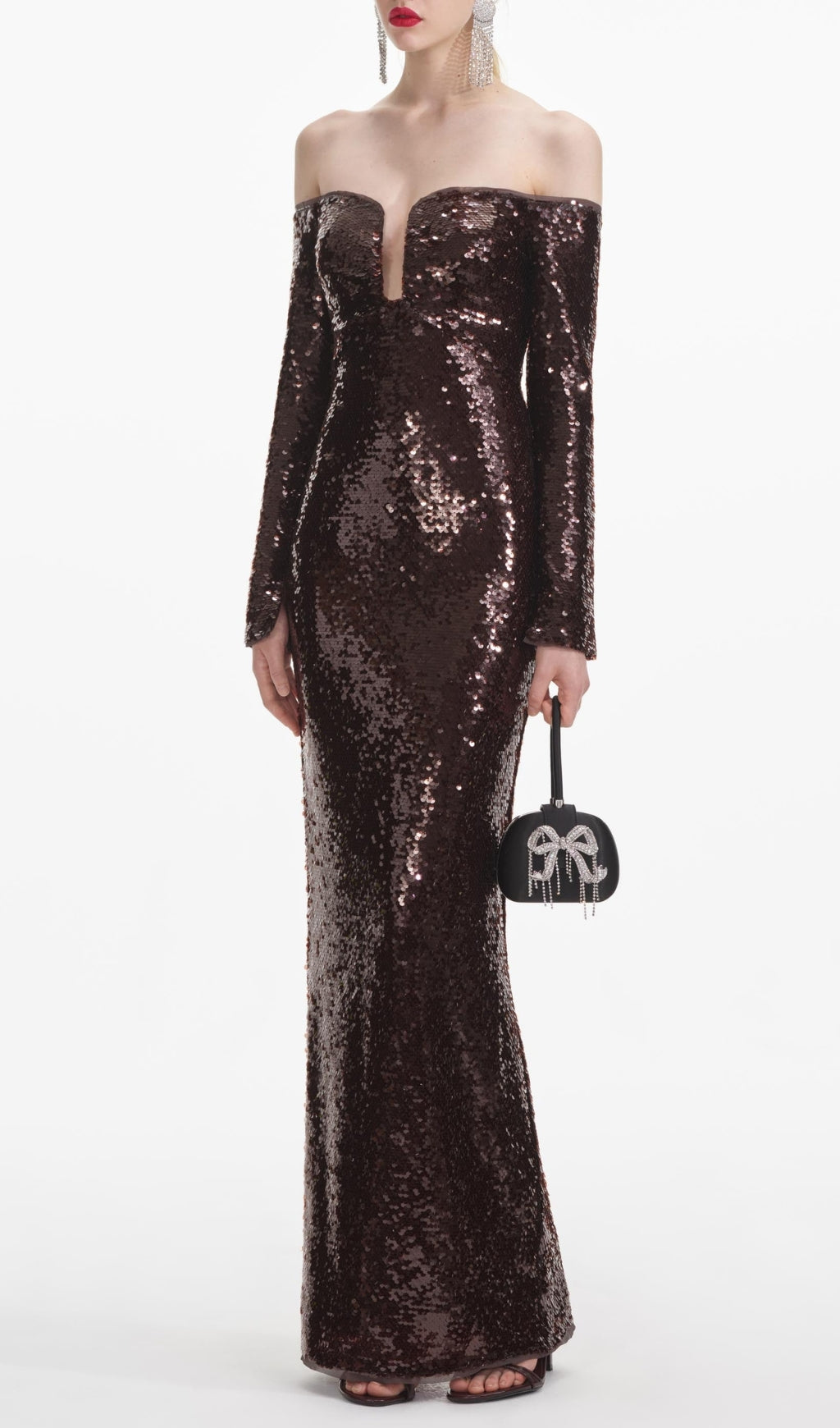 LONG SLEEVE SEQUIN MAXI DRESS BROWN FORMAL