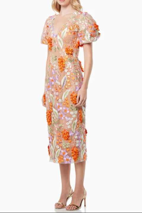 3D FLOWER V-NECK PUFF SLEEVE MIDI DRESS, ORANGE