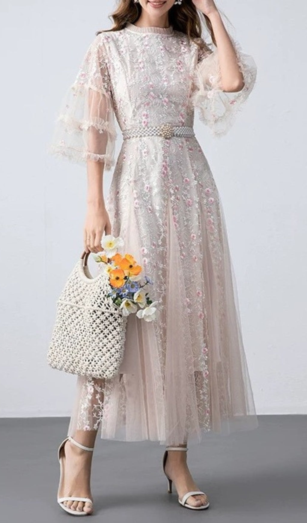 FLORAL MESH MIDI DRESS FOR APRICOT WEDDING GUEST
