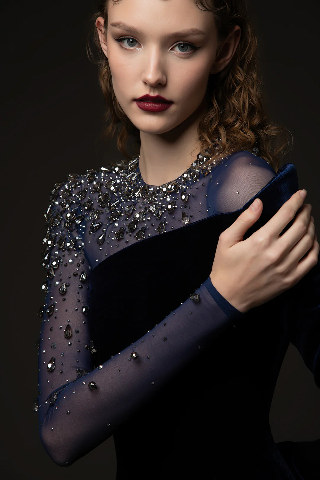 RIVA CRYSTAL VELVET COLUMN MAXI DRESS, DARK BLUE