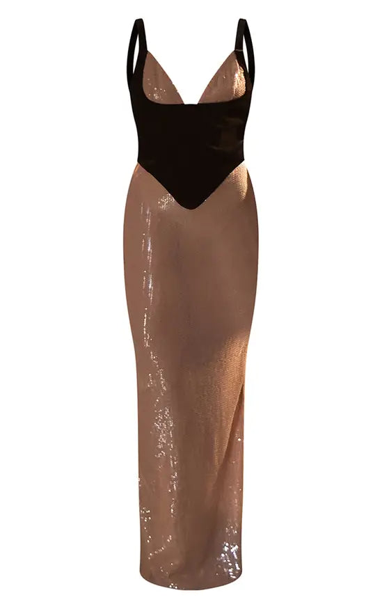 LILA NUDE SEQUIN VELVET CORSET MAXI DRESS