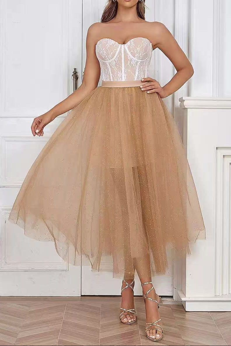 ed5a0ef30a73407a5550288d34737dd9 PEACH SPARKLE TULLE CORSET STRAPLESS MIDI DRESS