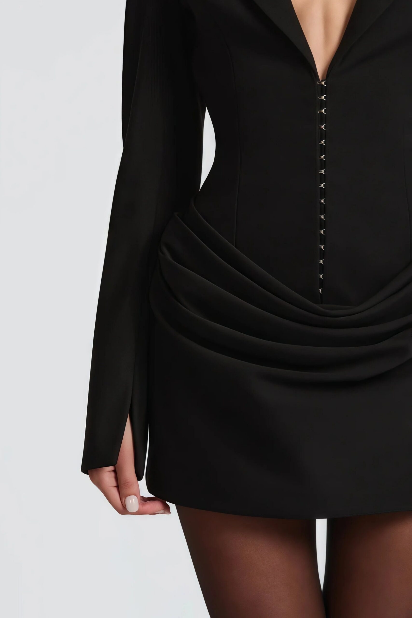 AMELIA V-NECK RUCHED BLAZER MINI DRESS, BLACK