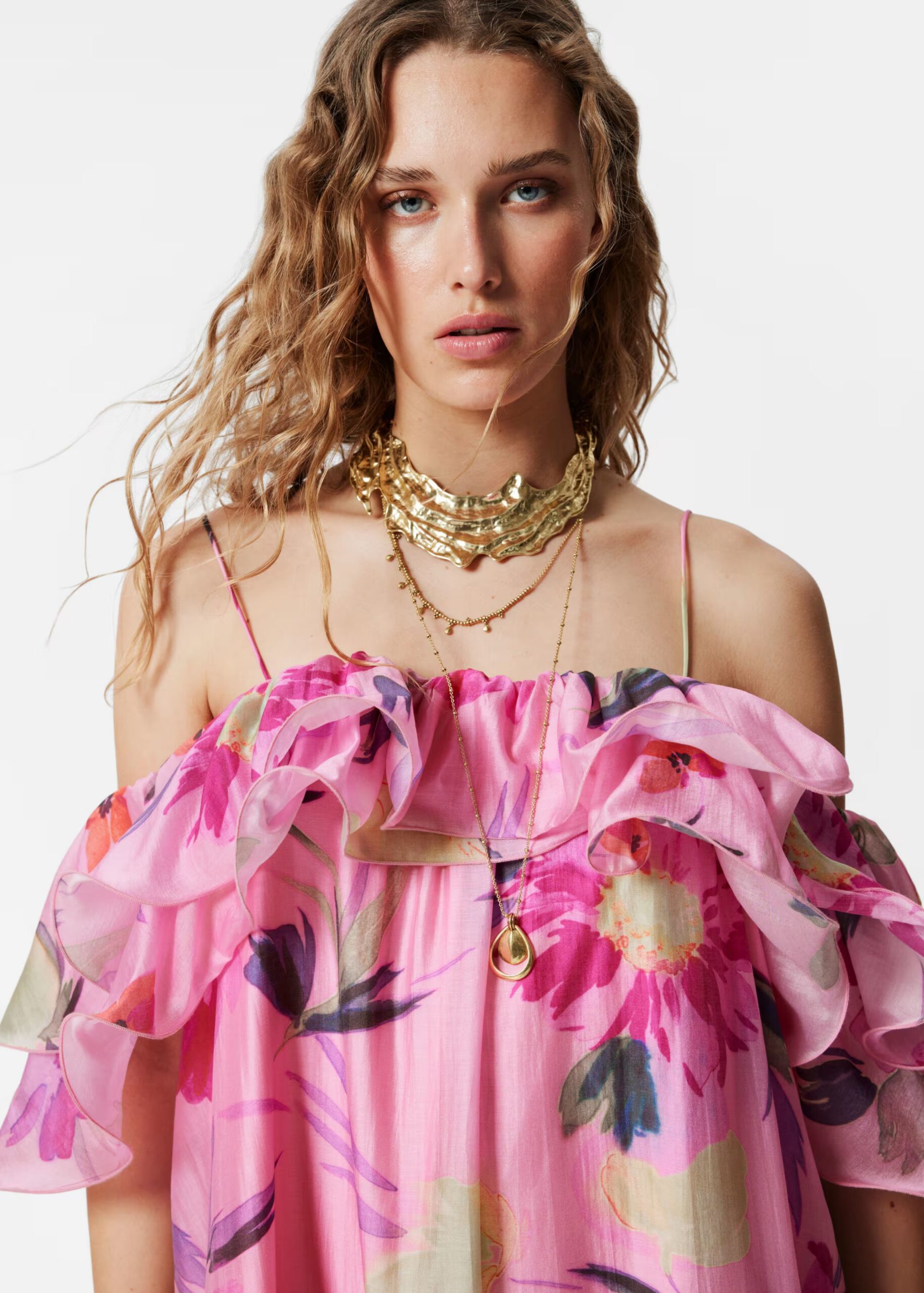 HEDWIG OFF-SHOULDER FLORAL RUFFLE MAXI DRESS ROSE RED