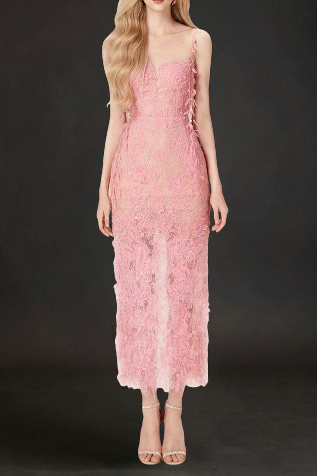 edc PINK BEADED LACE PENCIL COCKTAIL DRESS