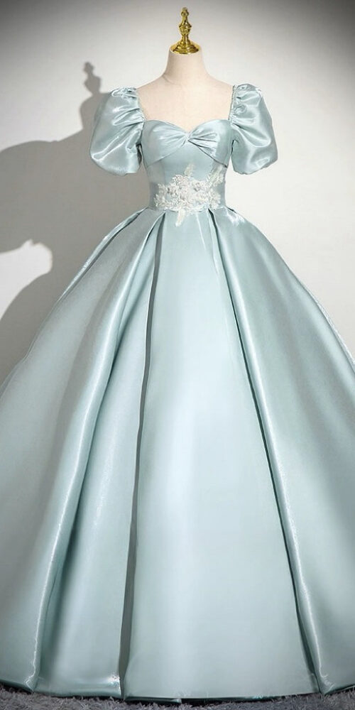 A-Line Sweetheart Neck Puff Sleeves Satin Blue Dress A-Line Sweetheart Neck Puff Sleeves Satin Blue Dress