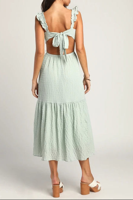 MINT SMOCKED MIDI DRESS WITH TIERED BACK