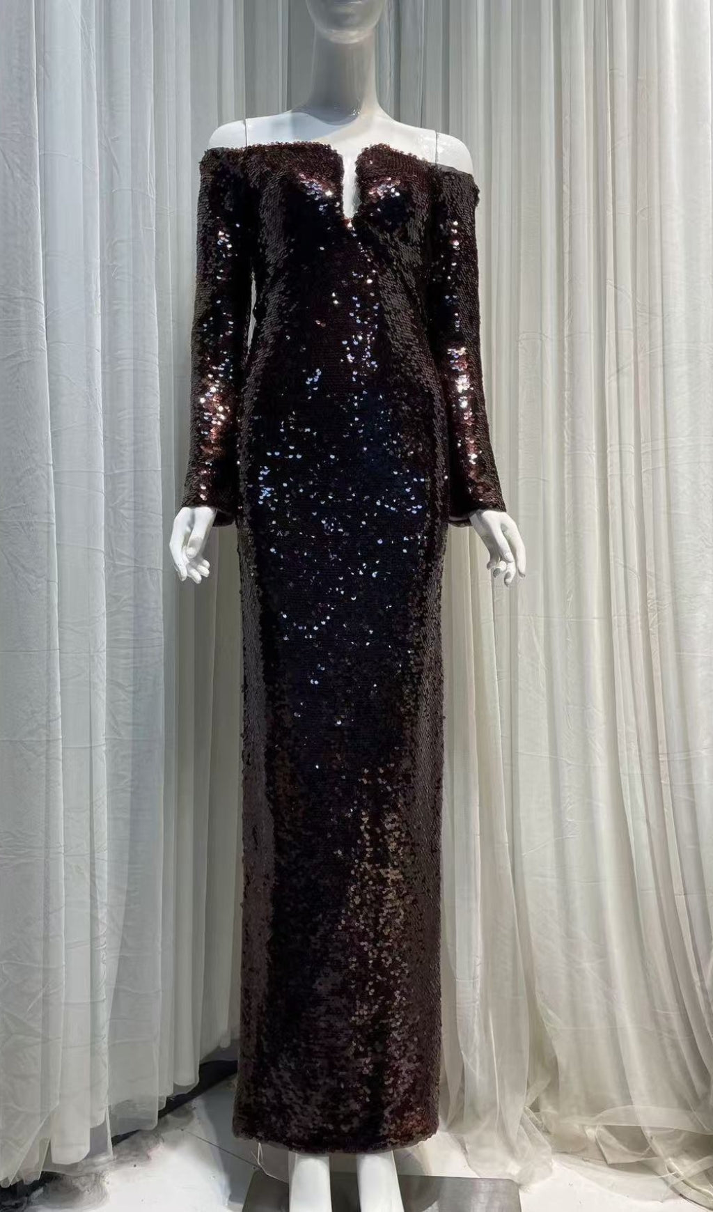 LONG SLEEVE SEQUIN MAXI DRESS BROWN FORMAL