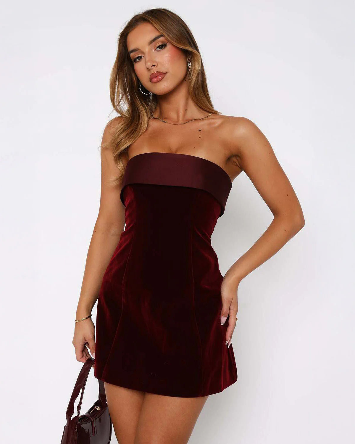 MAUD VELVET STRAPLESS BODYCON MINI DRESS WINE