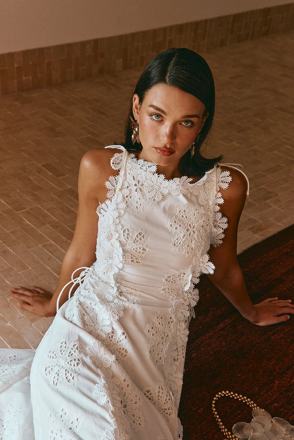 LACE MIDI DRESS: EMBROIDERED HOLLOW WHITE WEDDING