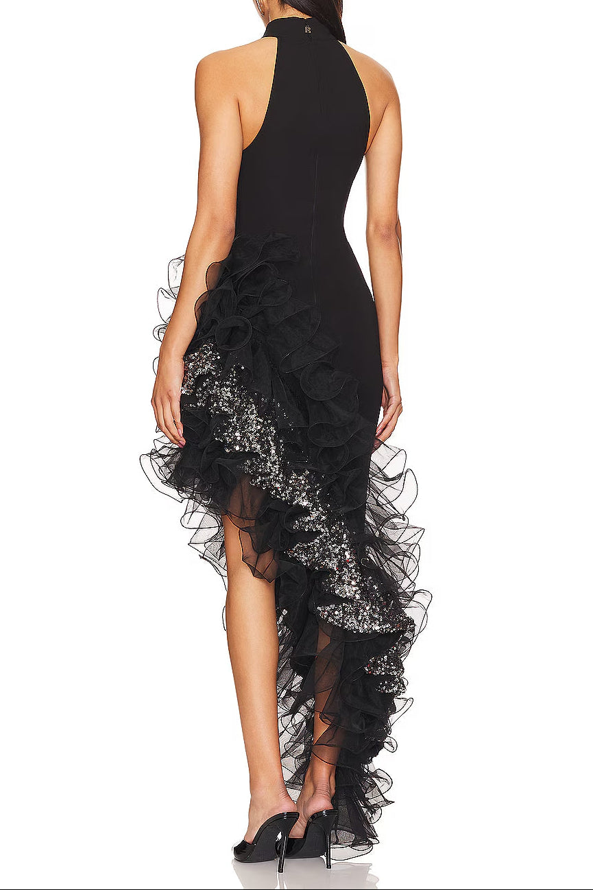 HALTER SEQUIN RUFFLE MAXI DRESS, BLACK, PROM